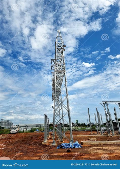 The Steel Structure Of High Voltage Take Off Tower In The Switchyard