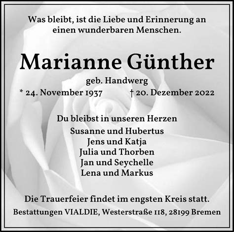 Traueranzeigen von Marianne Günther Trauer Gedenken