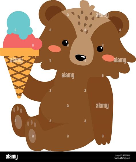 Vector Flat Cartoon Cute Brown Bear With Ice Cream Stock Vector Image