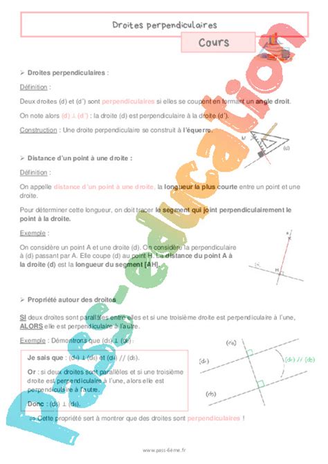 Droites Perpendiculaires Cours De G Om Trie Pour La Me Pdf Imprimer