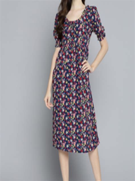 Buy Mast And Harbour Navy Blue And Yellow Floral A Line Midi Dress