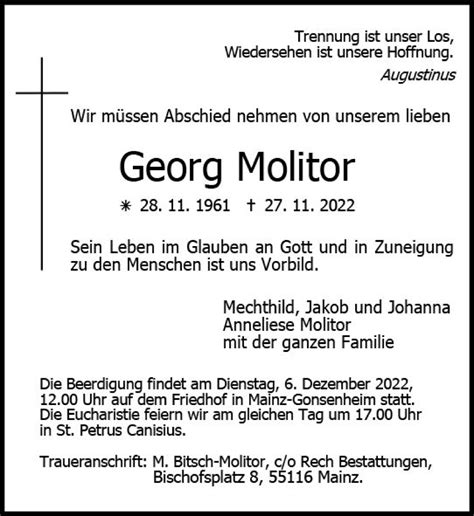 Traueranzeigen Von Georg Molitor Vrm Trauer De