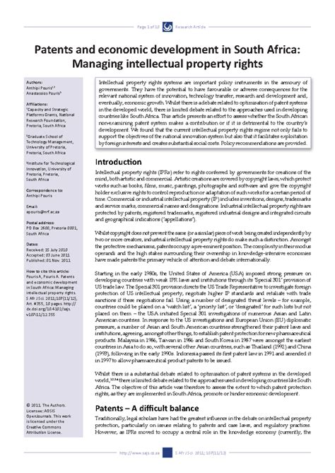Patents and Economic Development in South Africa: IPR Management