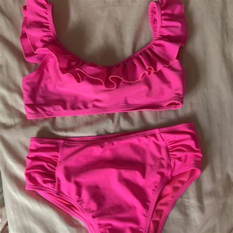 Pink Bikini Ruffle High Waisted Top Worn Once Depop
