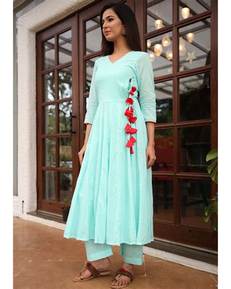 Blue Angrakha Tassel Kurta And Palazzo Set Of Two By Ambraee The