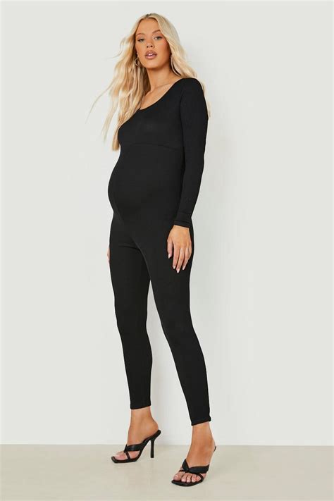 Womens Maternity Rib Long Sleeve Scoop Neck Jumpsuit Boohoo Uk