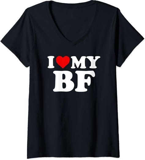 Womens I Love My Bf Boyfriend Red Heart V Neck T Shirt Uk Fashion