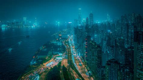 city, aerial view, road, buildings, coast, 4k HD Wallpaper