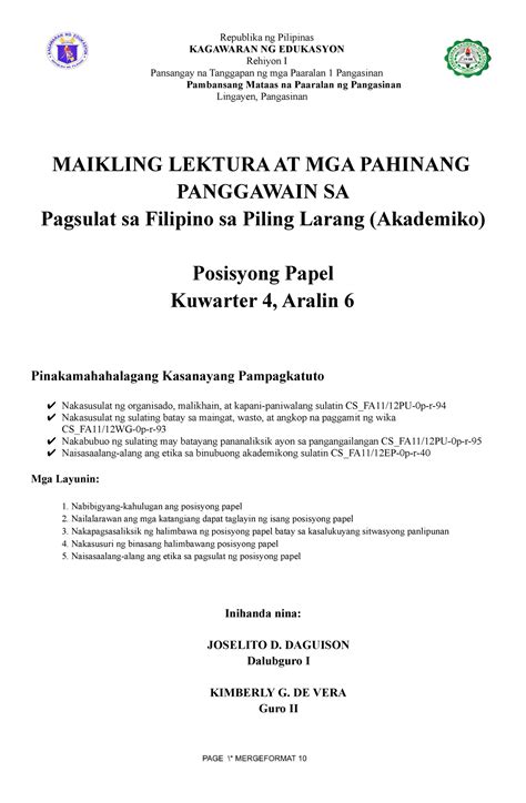 Piling Larang Kwarter Posisyong Papel Republika Ng Pilipinas