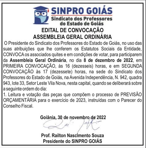 Assembleia Geral Ordin Ria Sinpro Goi S Sinpro Goi S