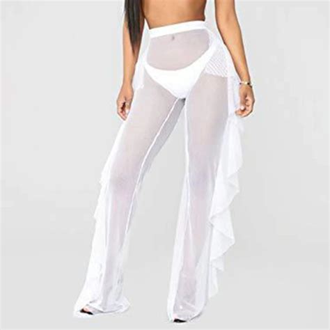 Summer Sexy Ruffle Women Beach Cover Mesh Sheer Wide Leg Pants Transparent Holiday Female Bikini