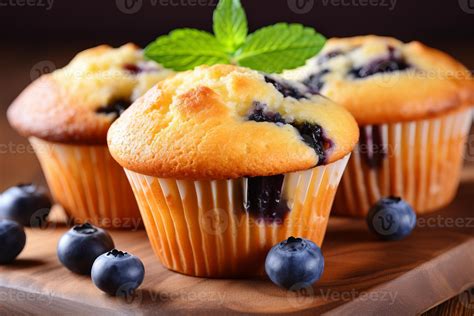 Ai Generated Easy Homemade Blueberry Muffins On Defocused Background