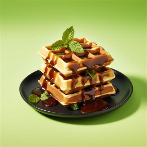 Premium Photo Vibrant Photorealistic Waffles On Plate With Syrup And Mint