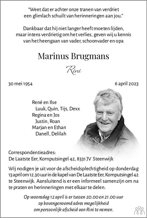 Marinus Rini Brugmans 06 04 2023 Overlijdensbericht En Condoleances