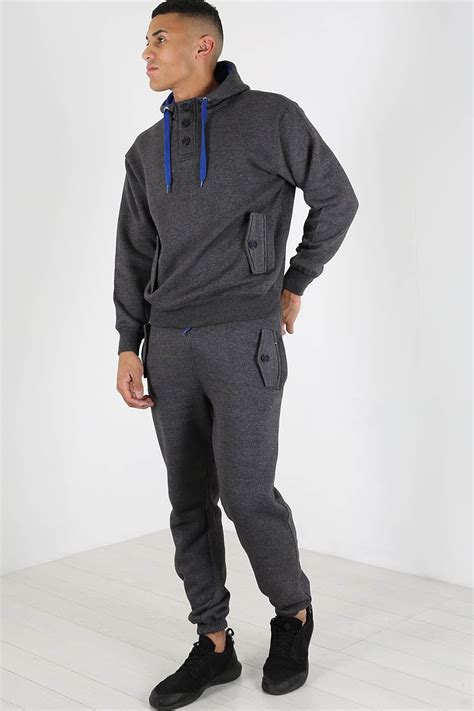 Mens Contrast Tracksuit Set Fleece Hooded Top Bottoms Jog Suit Joggers