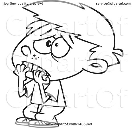 Clipart of a Cartoon Lineart Scared Boy Biting His Finger Nails ...