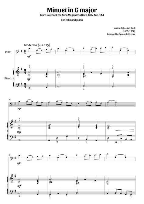 Minuet In G Major Cello And Piano Clean With Fingering Sheet Music