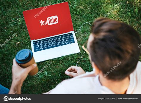 High Angle View Man Watching Youtube Laptop Outdoors Stock Editorial