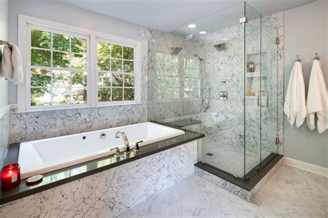 A Marble Herringbone Floor Marble Shower And A Silestone Quartz Tub