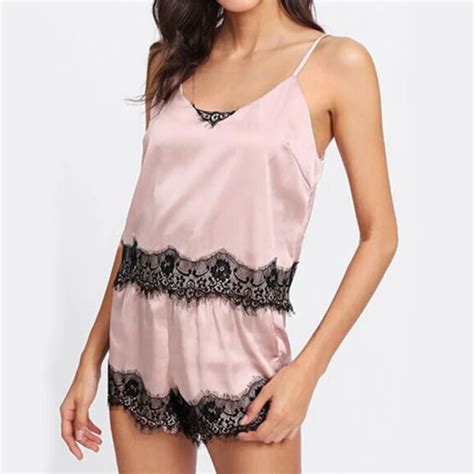 Womens Pink Spaghetti Strap Lace Applique Satin Cami Lace Sleepwear