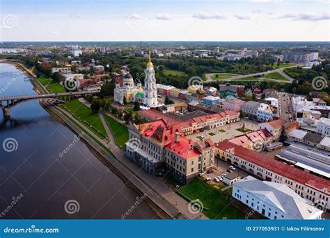 Drone View Of The City Of Rybinsk With The Bridge Over The Volga River