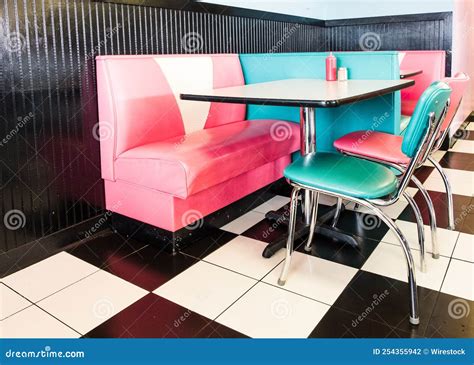 interior   classic american  style diner  colorful stools