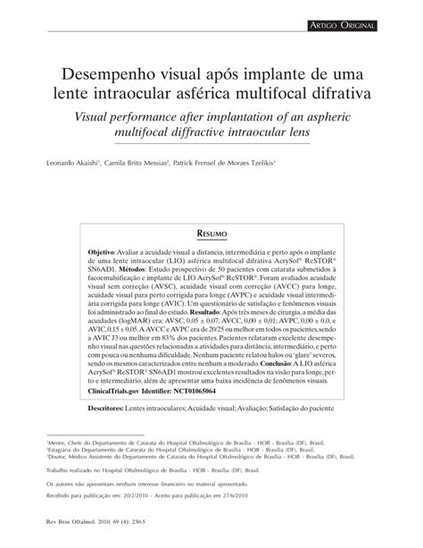 Pdf Visual Performance After Implantation Of An Aspheric Multifocal