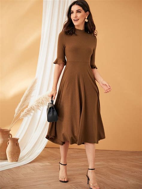 Mock Neck Rib knit Fit and Flare Dress SHEIN USA Vestidos de otoño