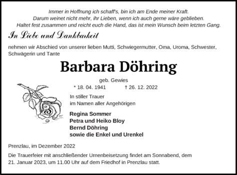 Traueranzeigen von Barbara Döhring Trauer Nordkurier