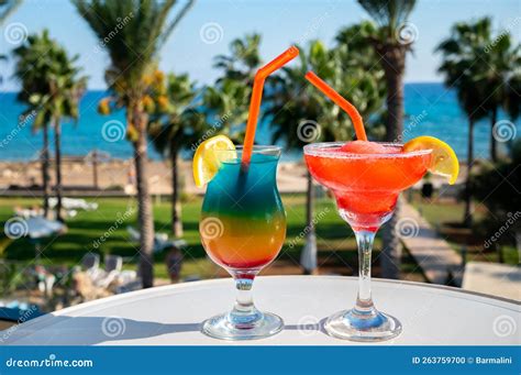 Colourful Cold Rainbow Paradise And Strawberry Daiquiri Cocktail Drinks