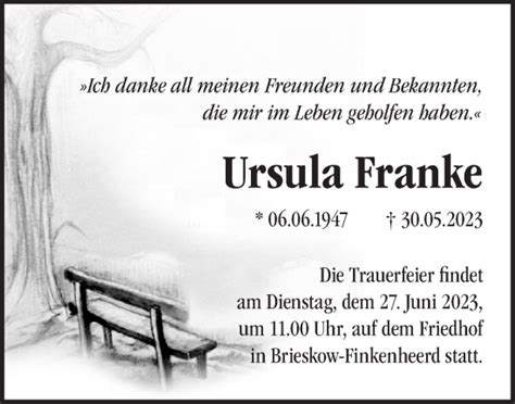 Traueranzeigen von Ursula Franke Märkische Onlinezeitung Trauerportal