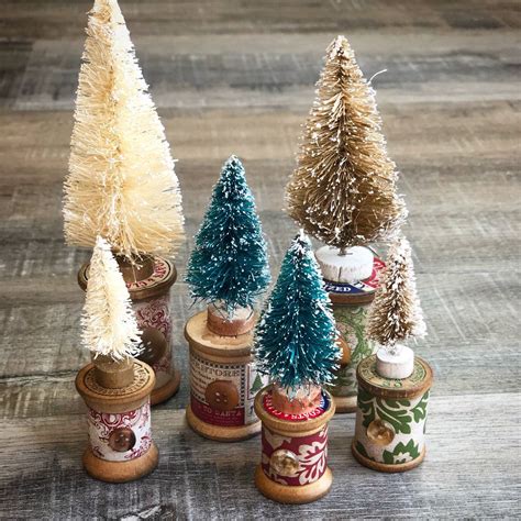 Tiny Bottle Brush Christmas Trees On Vintage Wood Spools Bottle Brush