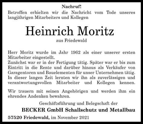 Traueranzeigen Von Heinrich Moritz Rz Trauer De