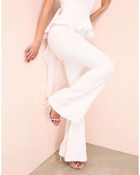 Asos Pearl Embellished Flared Trousers In Natural Lyst