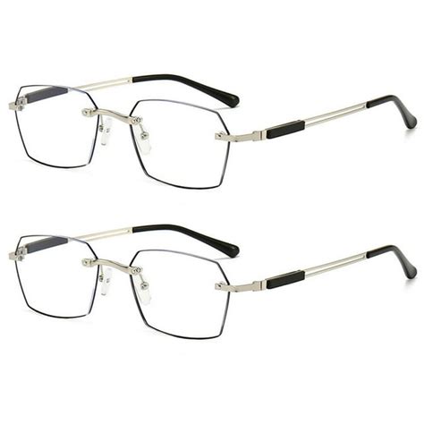 2 Pairs Of Silver Rimless Rectangle Myopia Glasses Frameless Anti Blue Light Glasses Polygon