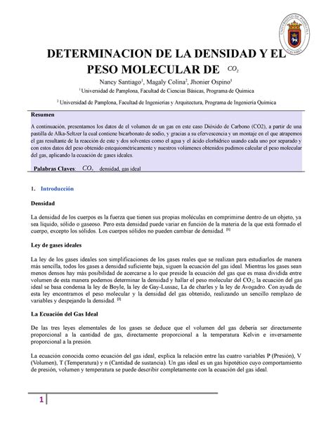 Determinacion De La Densidad Y Peso Molecular Del CO2 DETERMINACION