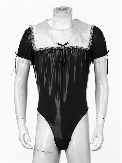Mens Sissy Shiny Faux Leather French Maid Costume Crossdresser Lingerie Bodysuit EBay