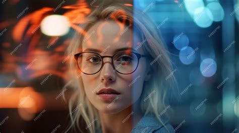 Premium Ai Image A Woman With Glasses On Her Face Stands In Front