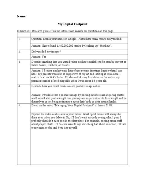 My Digital Footprint Worksheet Pdf