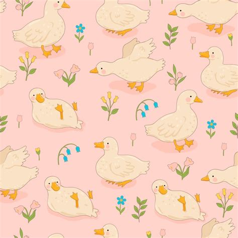 Premium Vector Pattern With Cute White Ducks And Flowers Vector Image