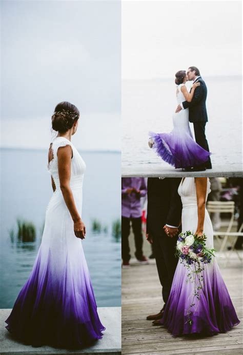 Mermaid V Neck Open Back Purple Dip Dye Chiffon Wedding Dress Ombre