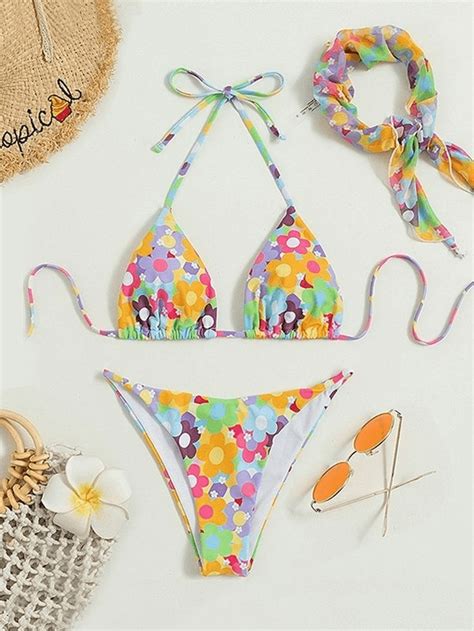 Rinabe Bikini Swimsuit Thong Bikini Set Floral Print Swimwear