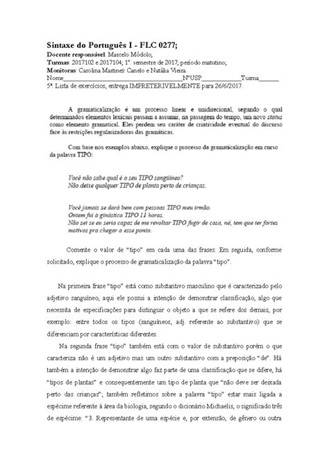 Sintaxe do Português I - FLC 0277 - 5ª Lista de exercícios - Sintaxe do