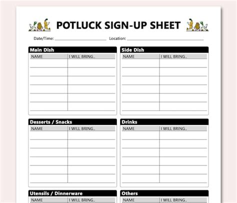 Potluck Sign Up Sheet Printable Bring And Share Potluck Etsy