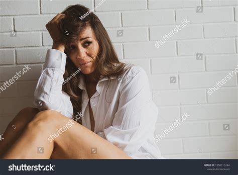 Sad Depressed Caucasian Lady Semi Nude Stock Photo 1350115244 Shutterstock