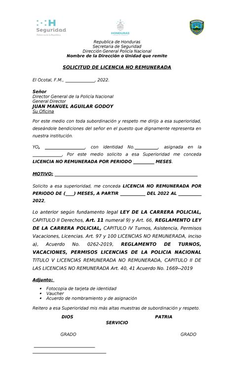 Solicitud DE Licencia NO Remunerada Republica De Honduras Secretaria