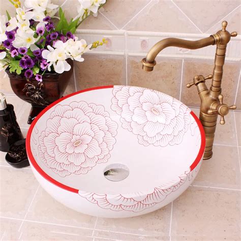 Peony Painting China Artistic Handmade Ceramic Bathroom Sinks Lavobo