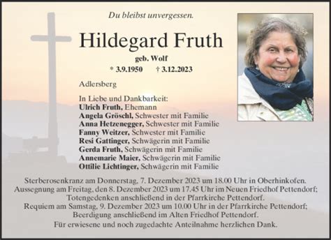 Traueranzeigen Von Hildegard Fruth Mittelbayerische Trauer