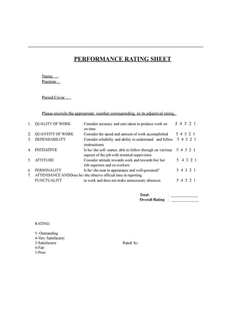 Performance-sheet-Copy - PERFORMANCE RATING SHEET Name: Position : Period Cover : Please ...