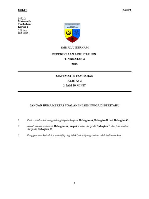 PDF Peperiksaan Akhir Tahun Matematik Tambahan Kertas 2 Tingkatan 4